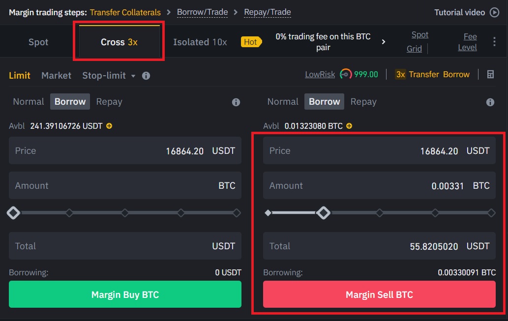 Entering a short trade with margin binance