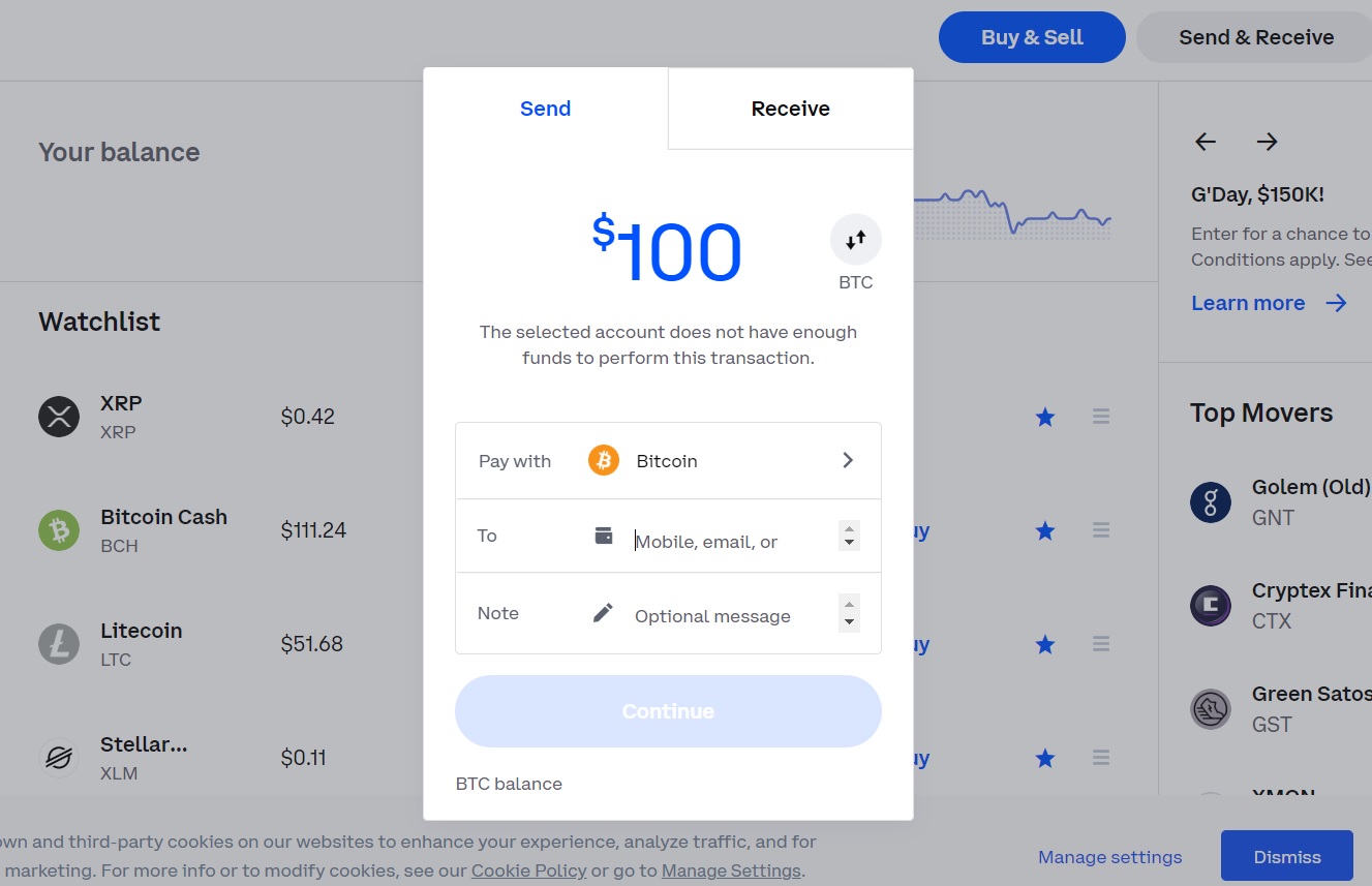 Entering the Kraken wallet address on Coinbase