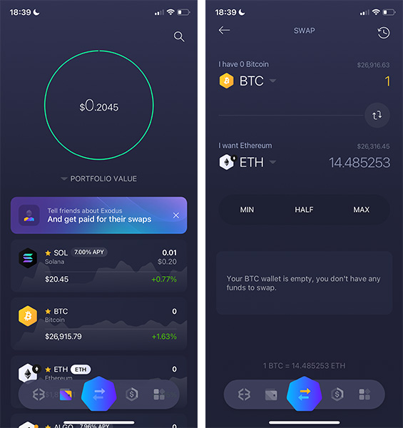 Exodus mobile app dashboard