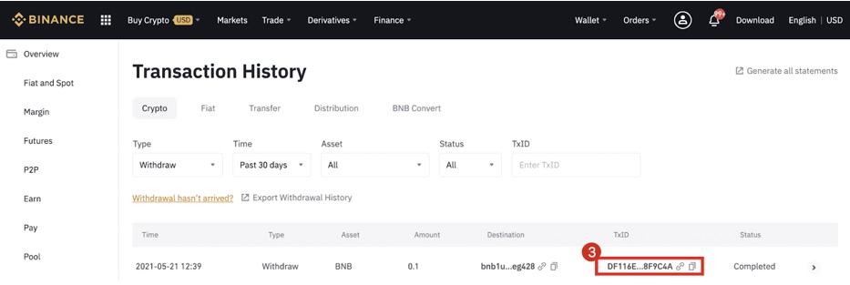 Finding the TXID on Binance