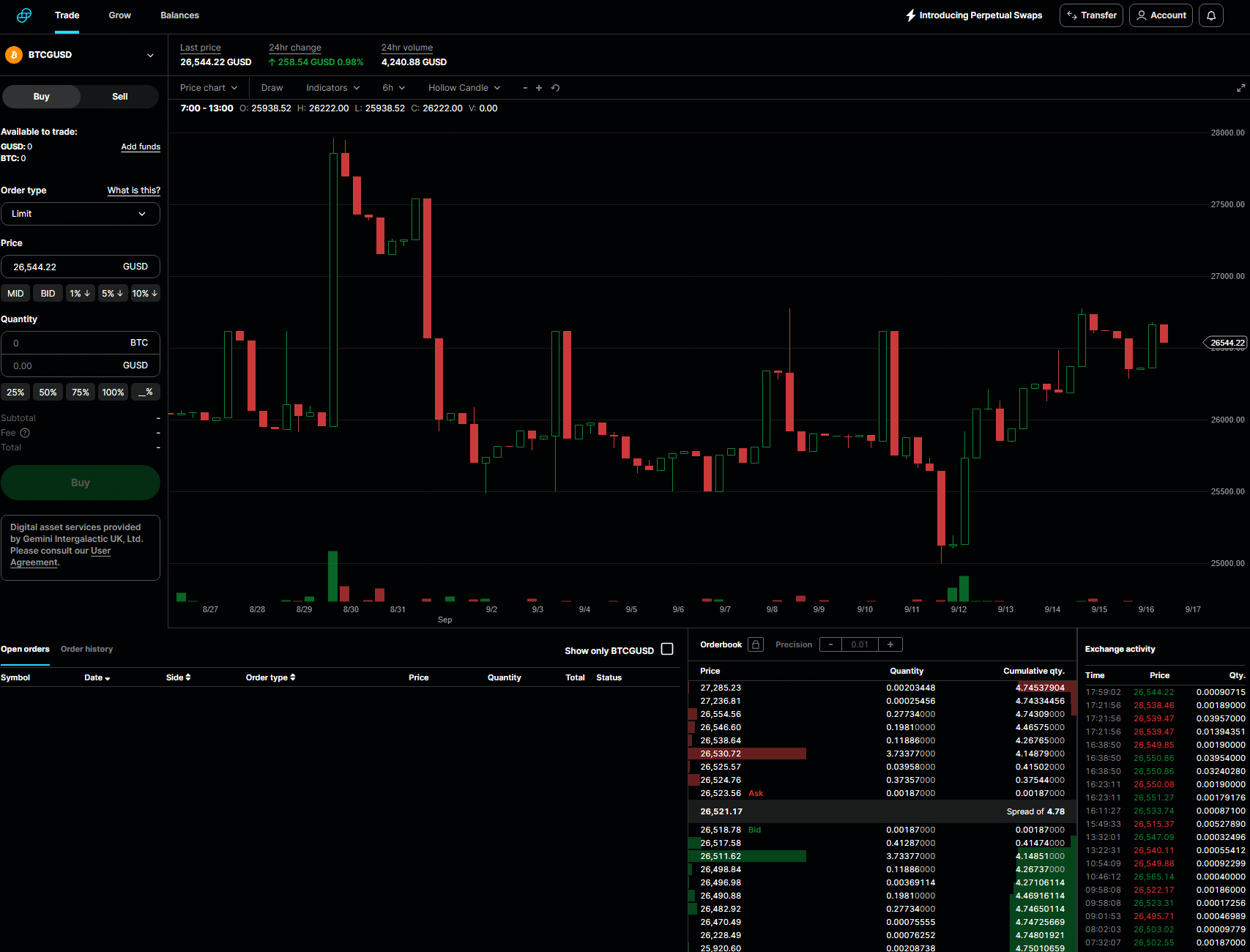 Gemini Trading Interface screenshot
