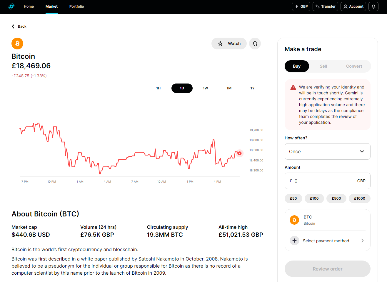 Gemini buying BTC page