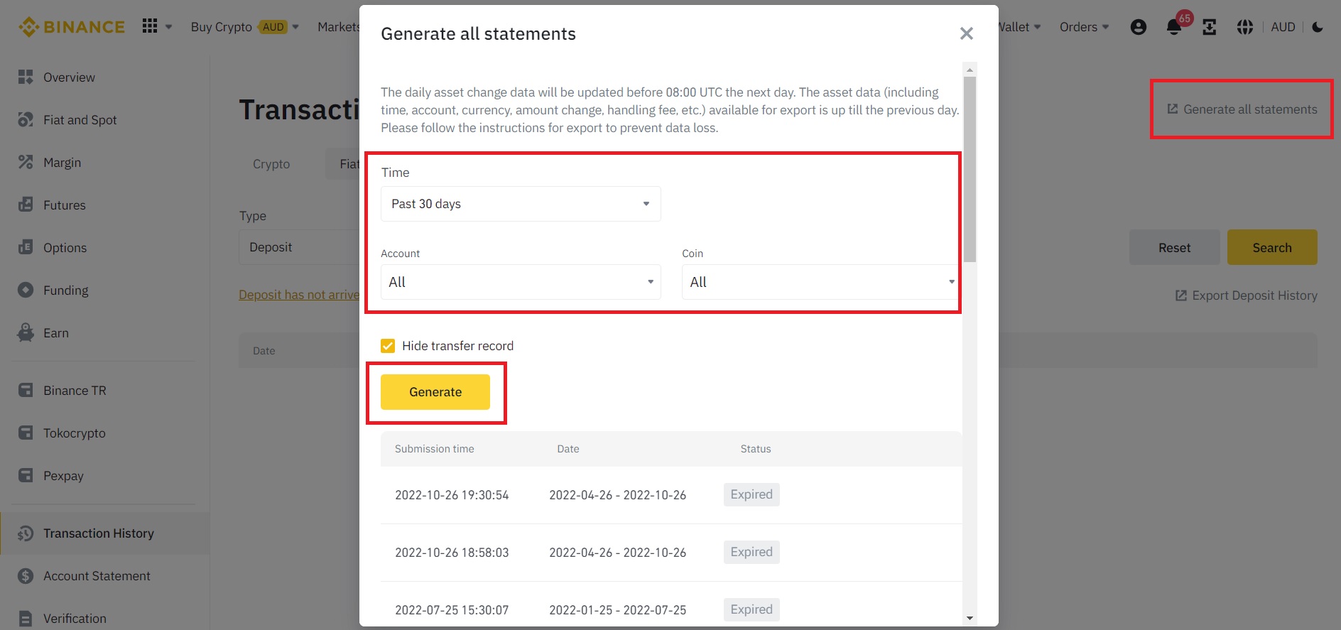 Generate transaction statements on Binance