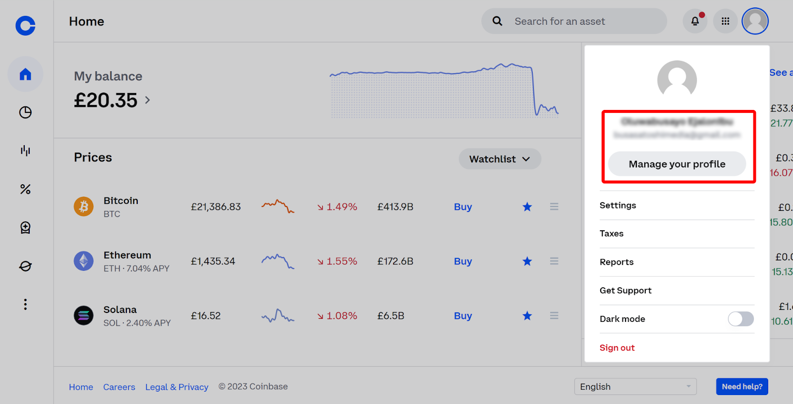 Go to the Coinbase profile settings