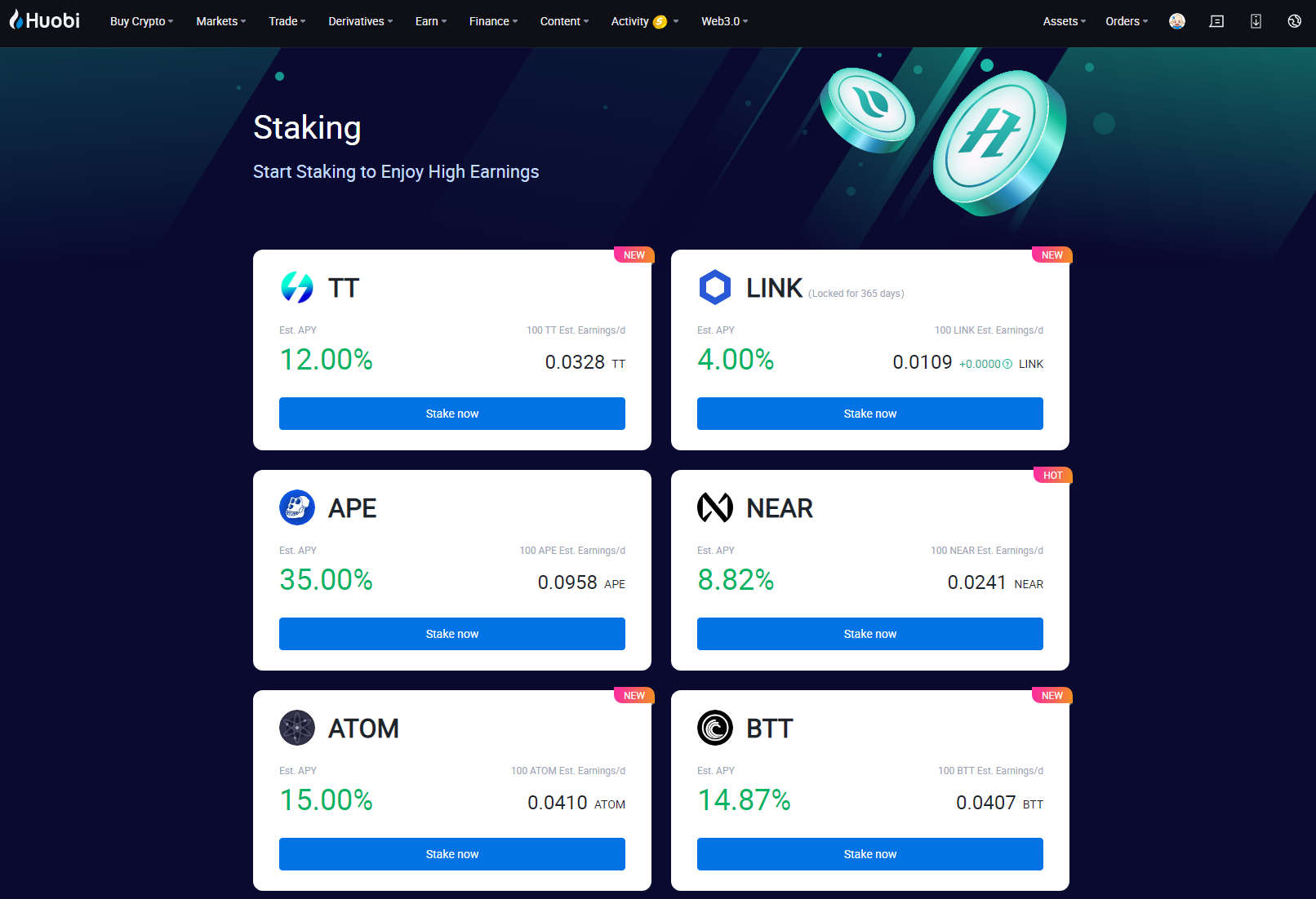 Huobi staking to earn rewards