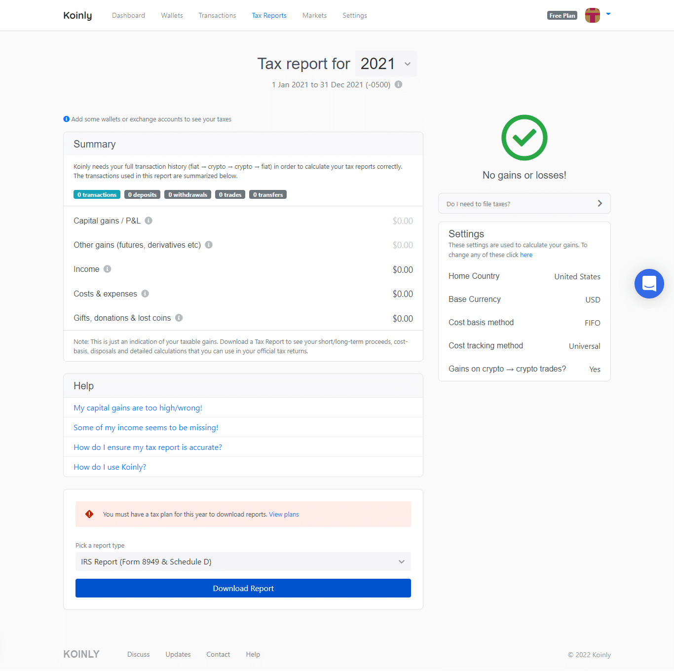 Screenshot of Koinly tax reporting