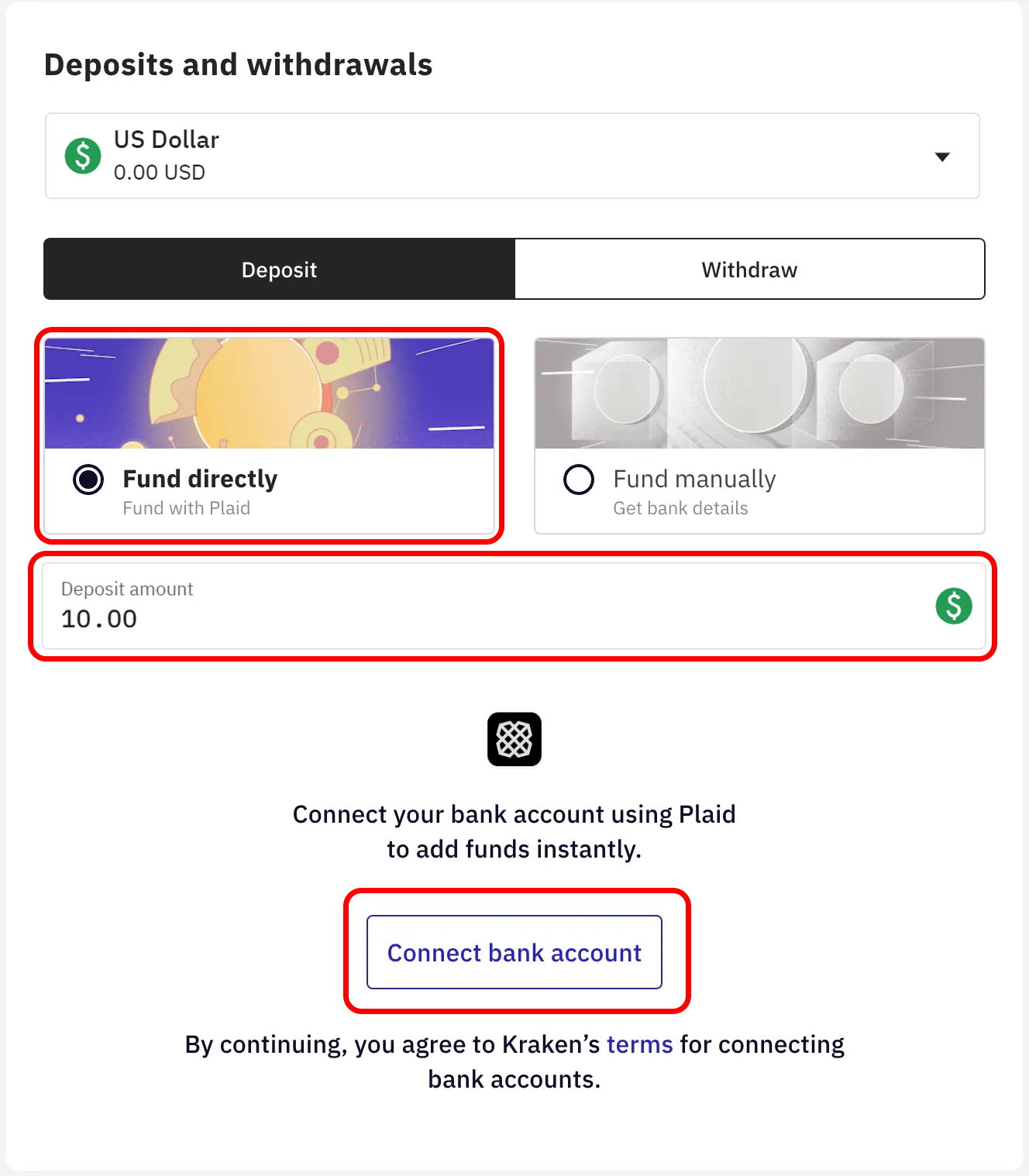 Enter deposit bank details to Kraken