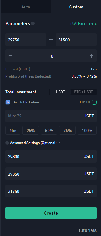 KuCoin Spot Grid Bot Custom parameters