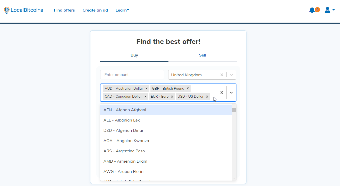 LocalBitcoins selection of fiat currencies
