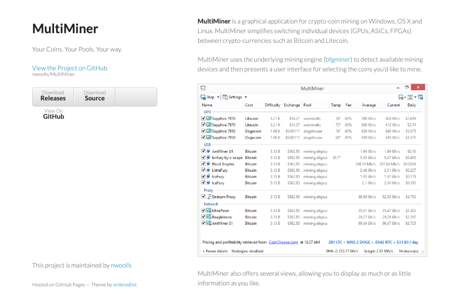 MultiMiner user interface