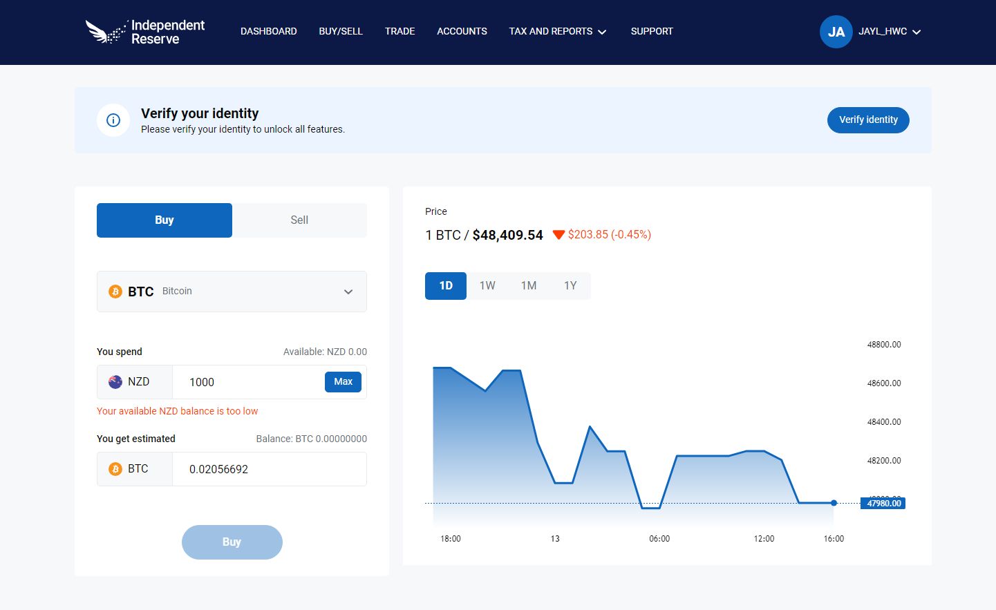 Converting NZD to BTC on Independent Reserve