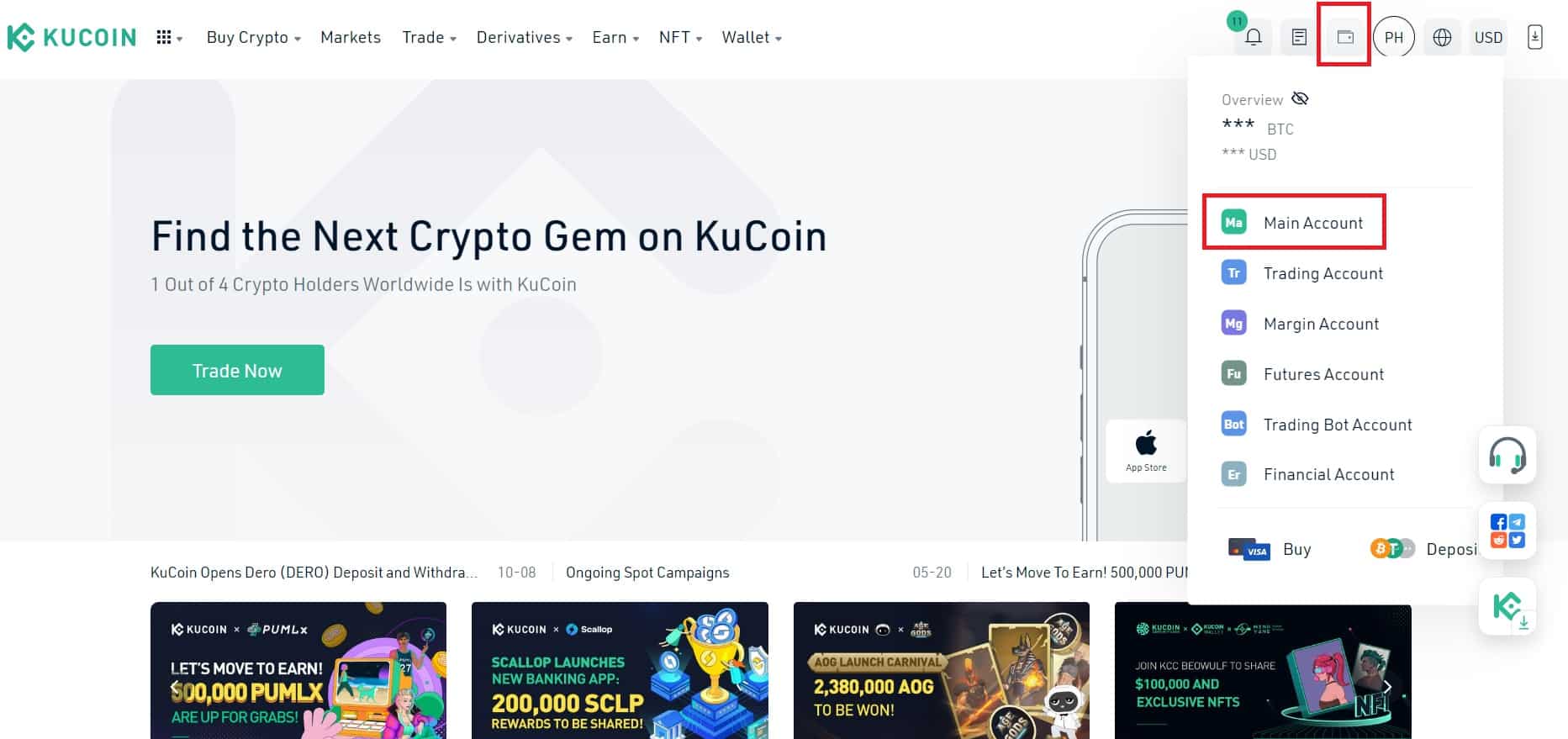 Navigate to the asset list on KuCoin