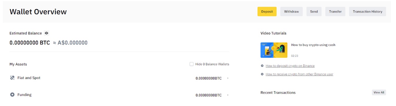 Open the Binance wallet to deposit funds