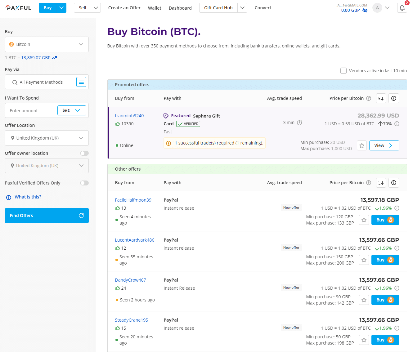 Screenshot of Paxful marketplace offers