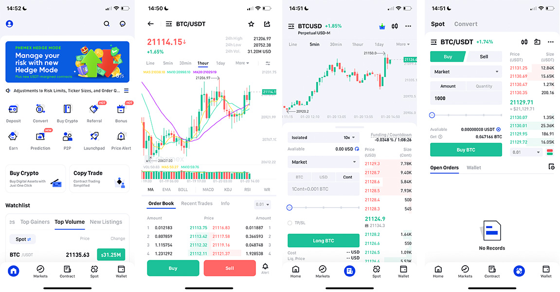 Phemex mobile app screenshots