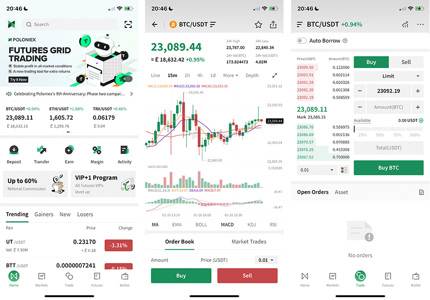 Poloniex mobile app screenshots