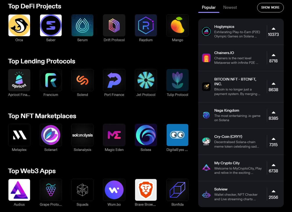 Popular Solana decentralized apps and NFT marketplaces