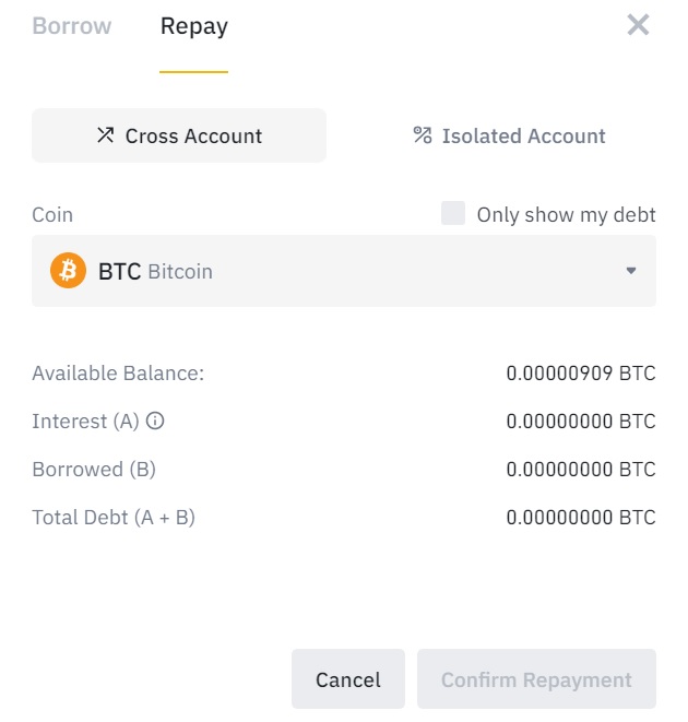 Repay borrowed funds Binance