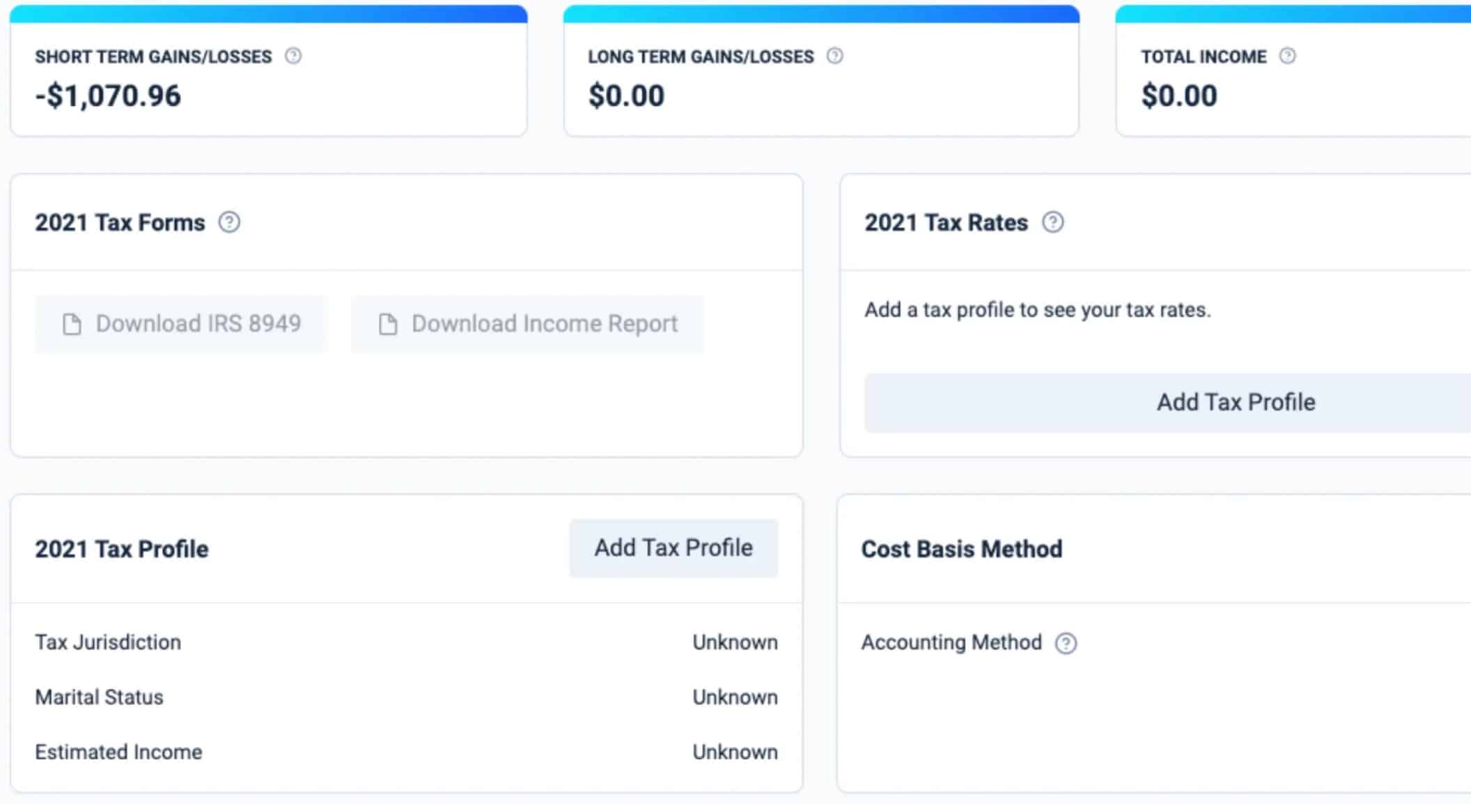Screenshot of TaxBit user interface