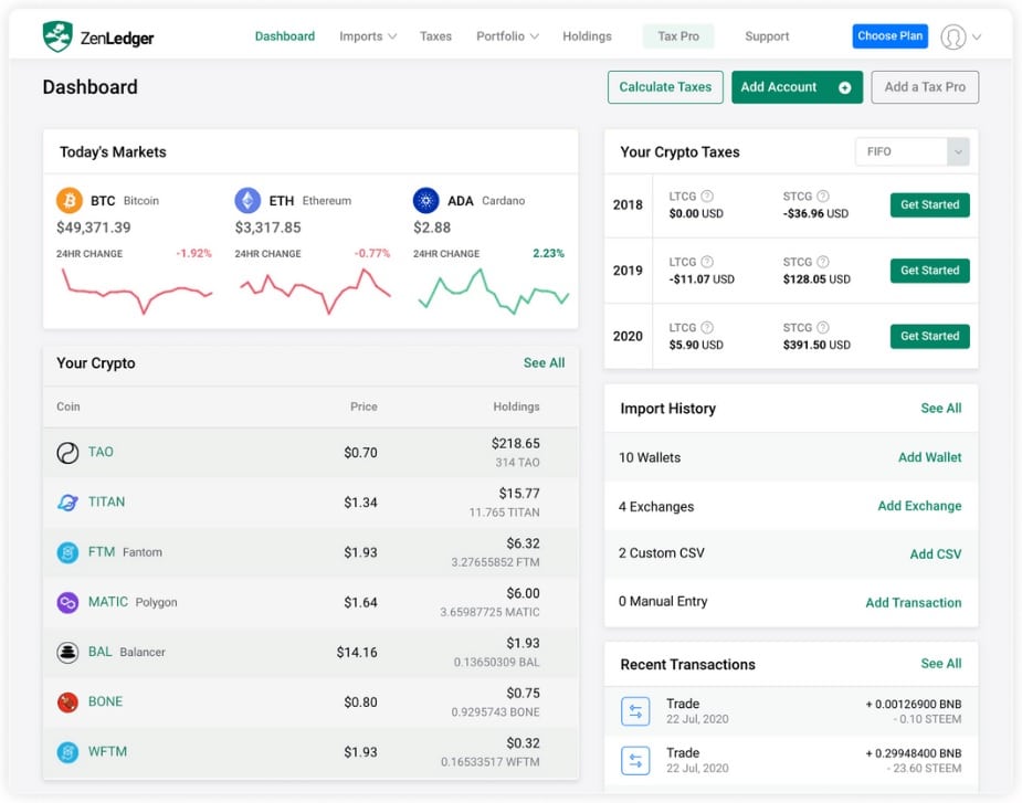 Screenshot of ZenLedger tax reporting