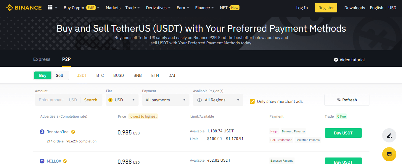 Screenshot of the Binance P2P platform