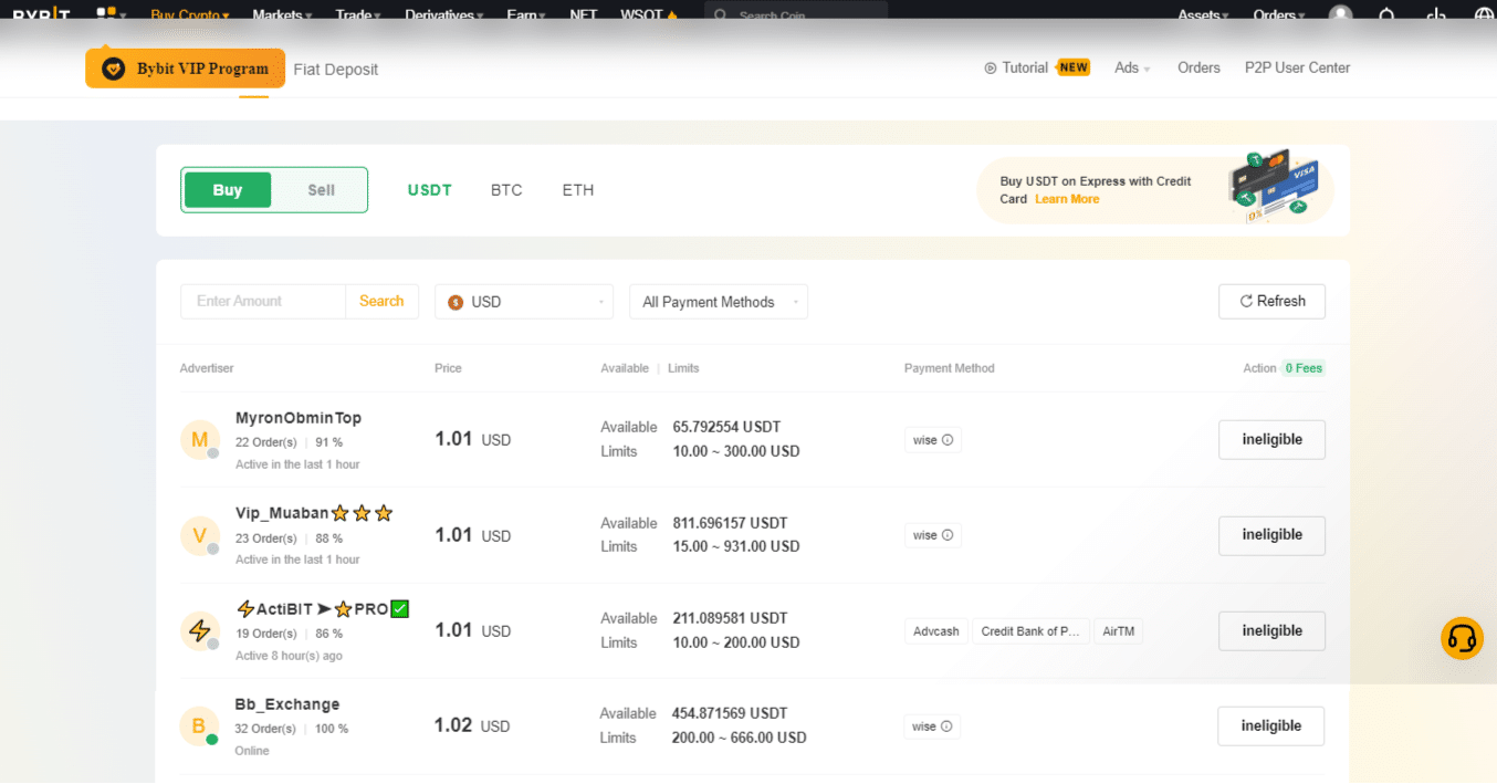 Screenshot of the Bybit P2P marketplace