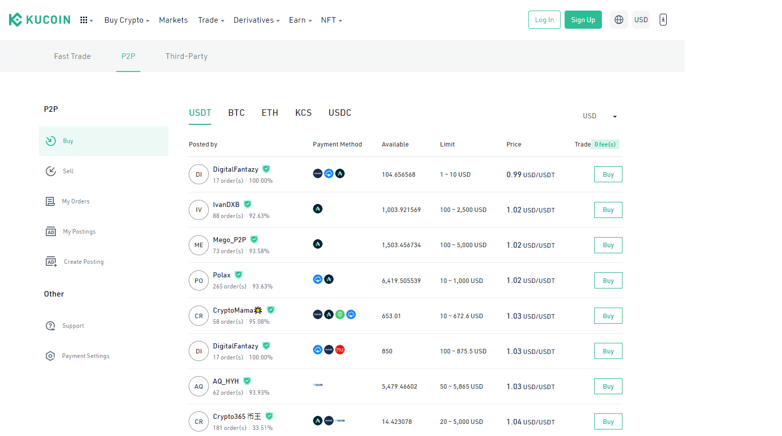 Screenshot of the Kucoin P2P platform