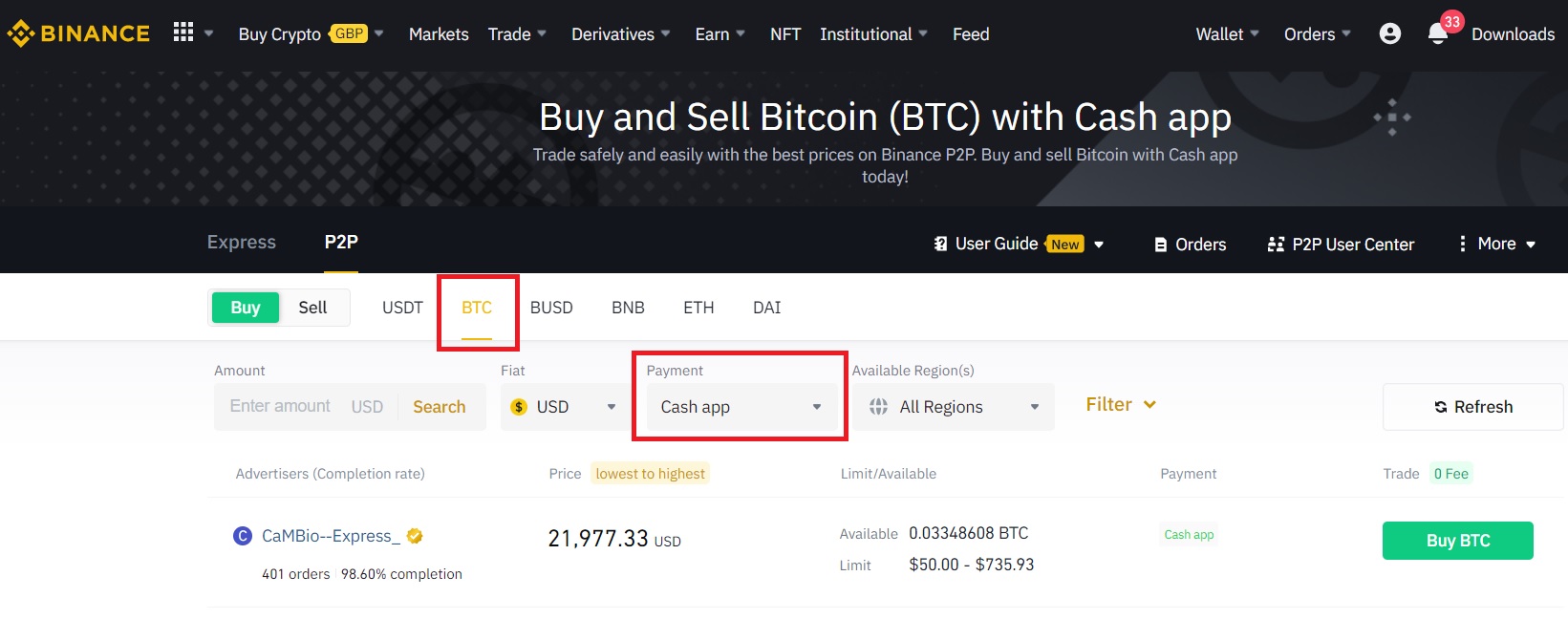 Select BTC and Cash App in Binance P2P