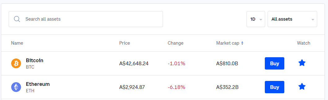 Selecting Ethereum from the Coinbase asset list