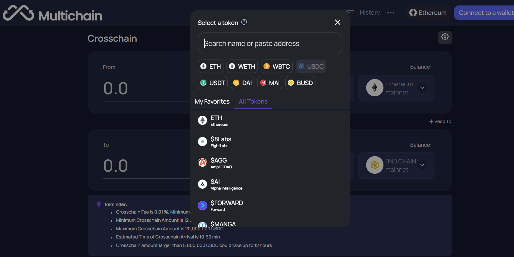 Selecting a token on multichain