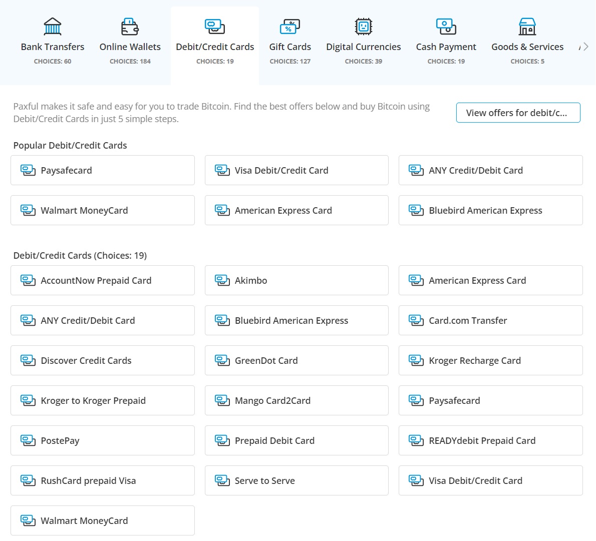 Selection of prepaid cards on Paxful