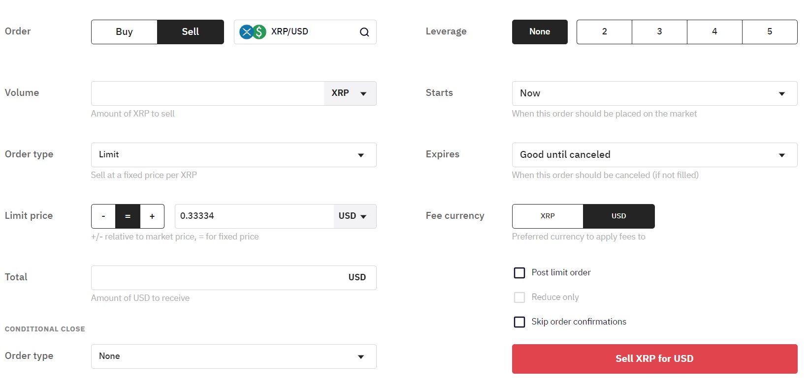 Sell XRP to USD order form on Kraken