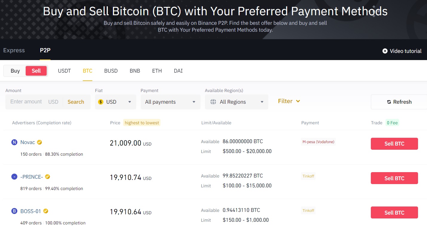 Selling BTC on Binance P2P