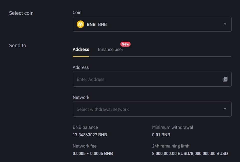 Sending crypto from Binance exchange
