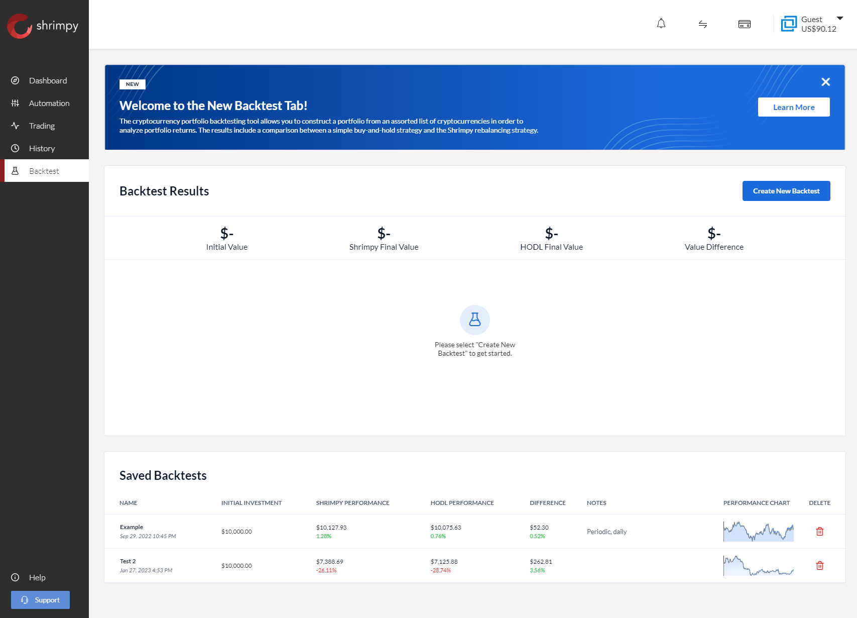 Shrimpy backtest dashboard