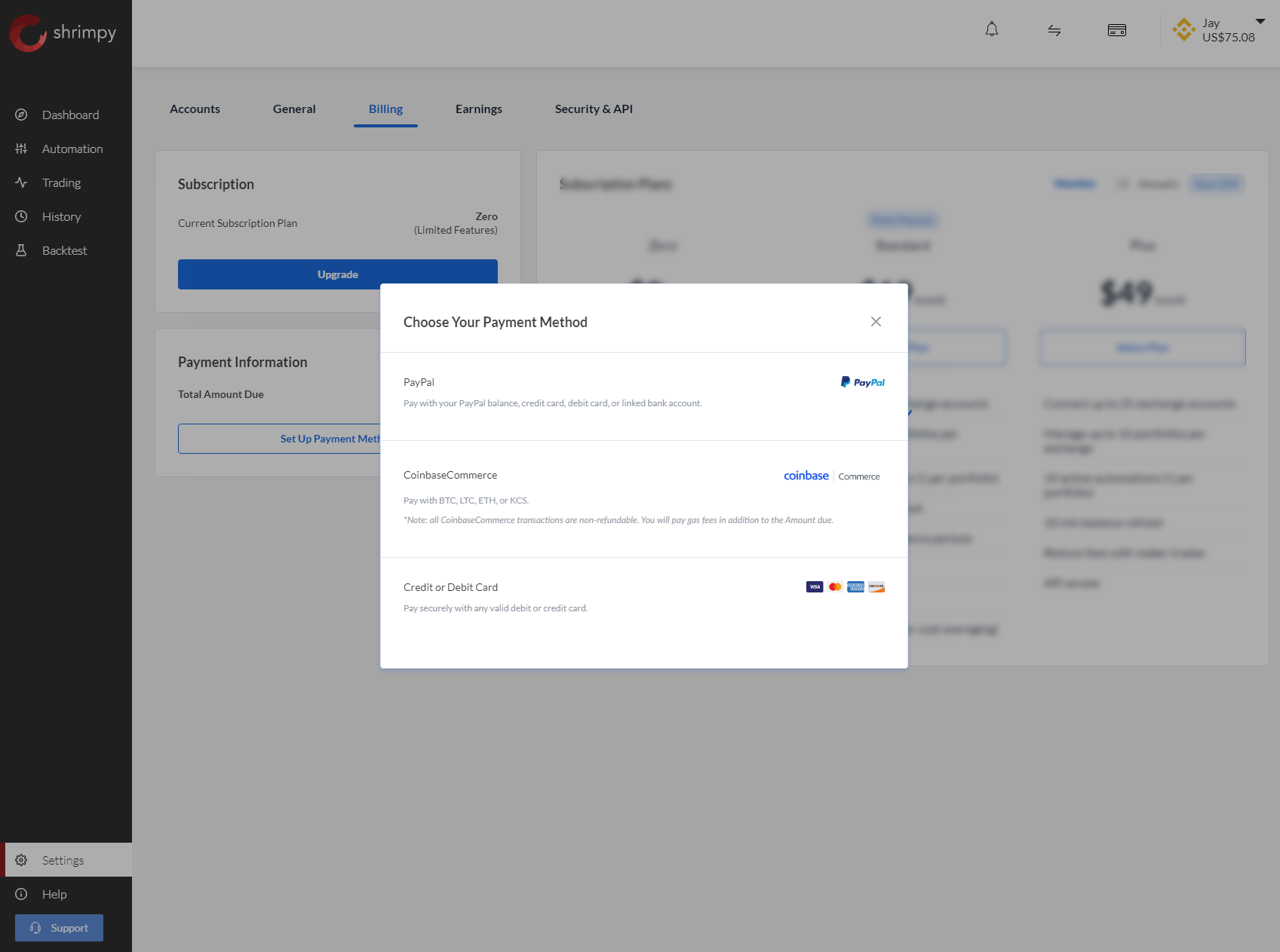 Shrimpy payment methods