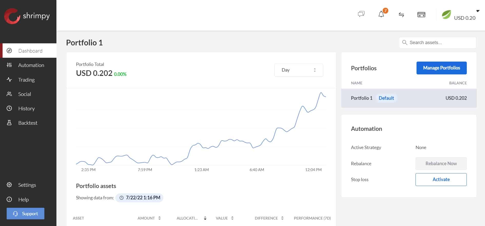 Shrimpy portfolio dashboard