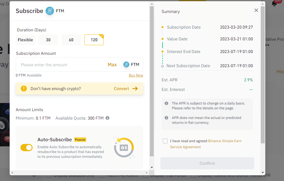 Subscribe to FTM staking on Binance