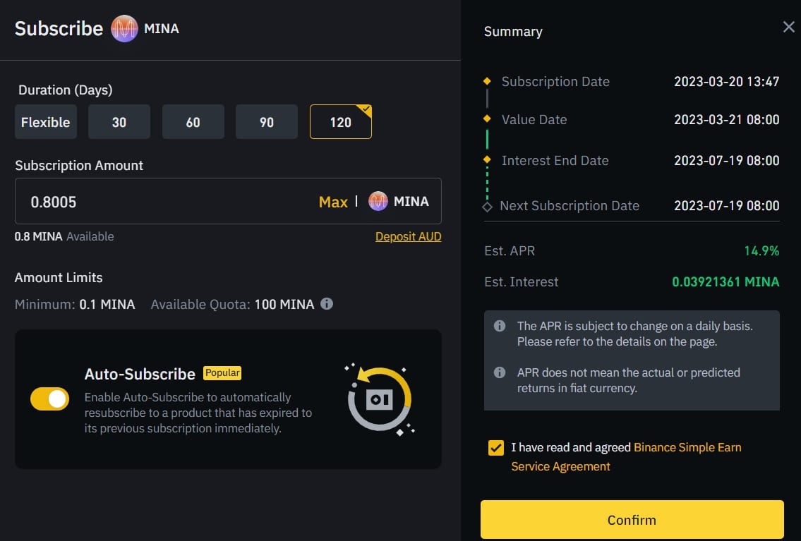 Subscribing to mina staking on Binance