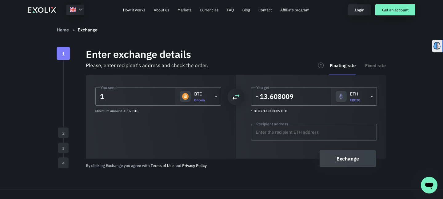 Swapping crypto on Exolix