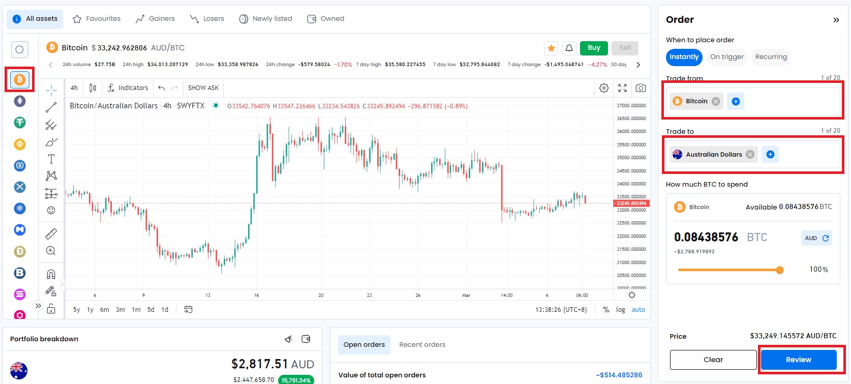 Trade BTC to AUD on Swyftx