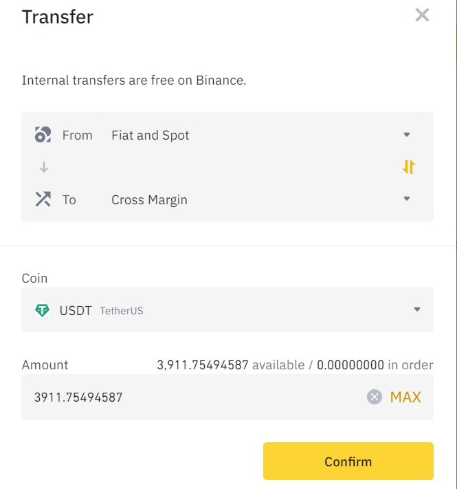 Tranfering funds to Binance margin wallet