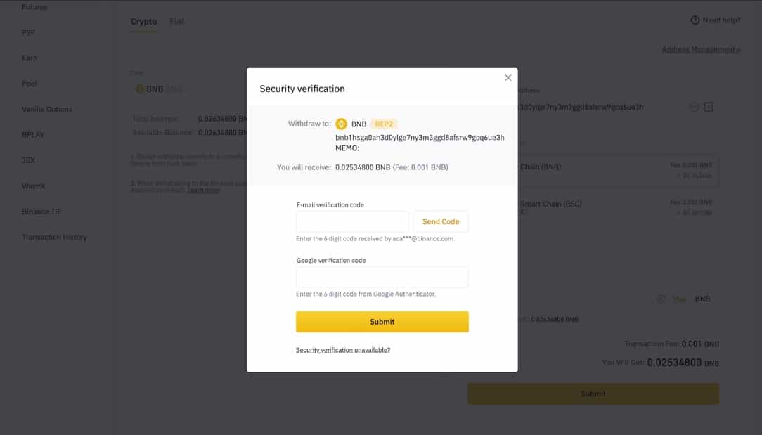 Verify crypto withdrawal on Binance