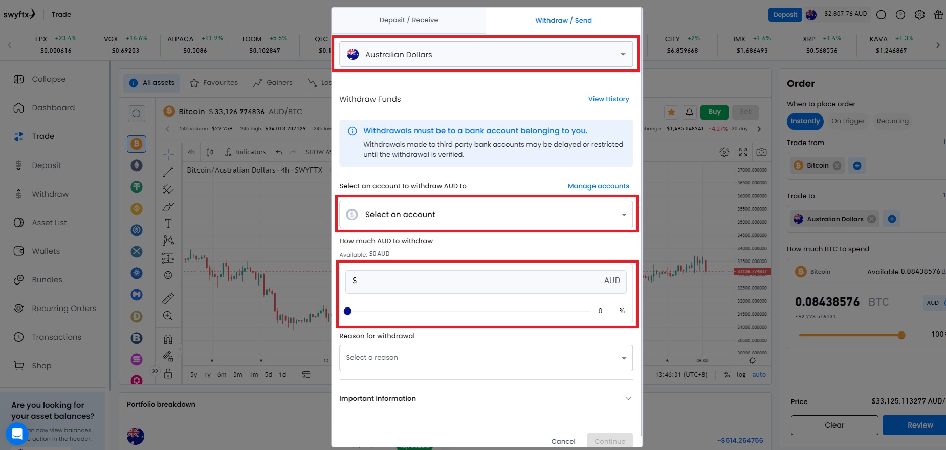 Withdraw AUD from Swyftx