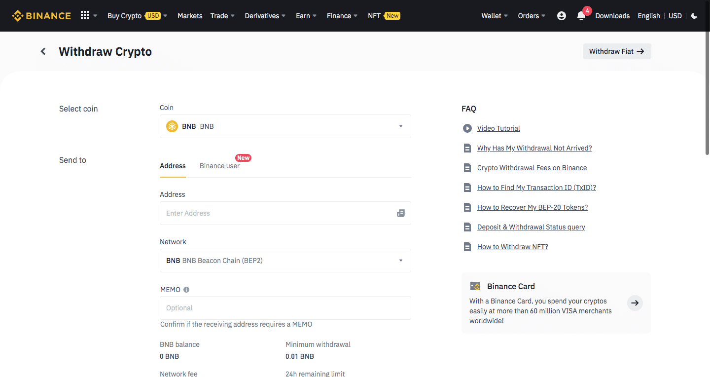 Withdraw crypto tab on Binance