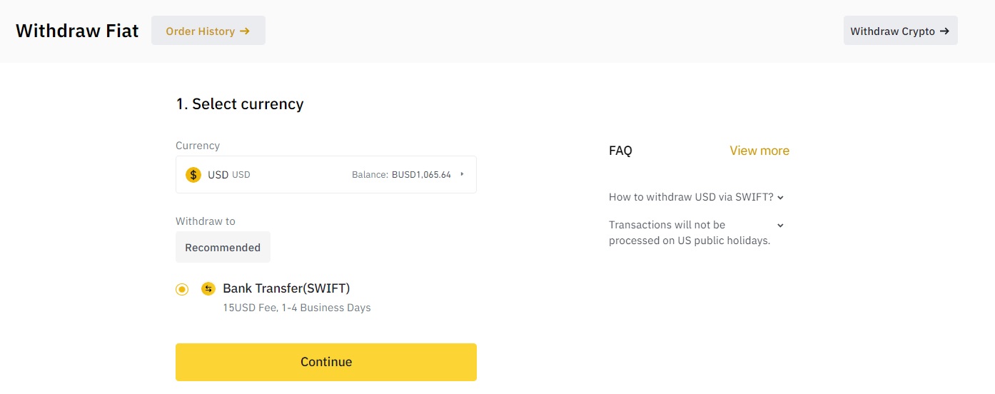 Withdrawing fiat currency to bank account