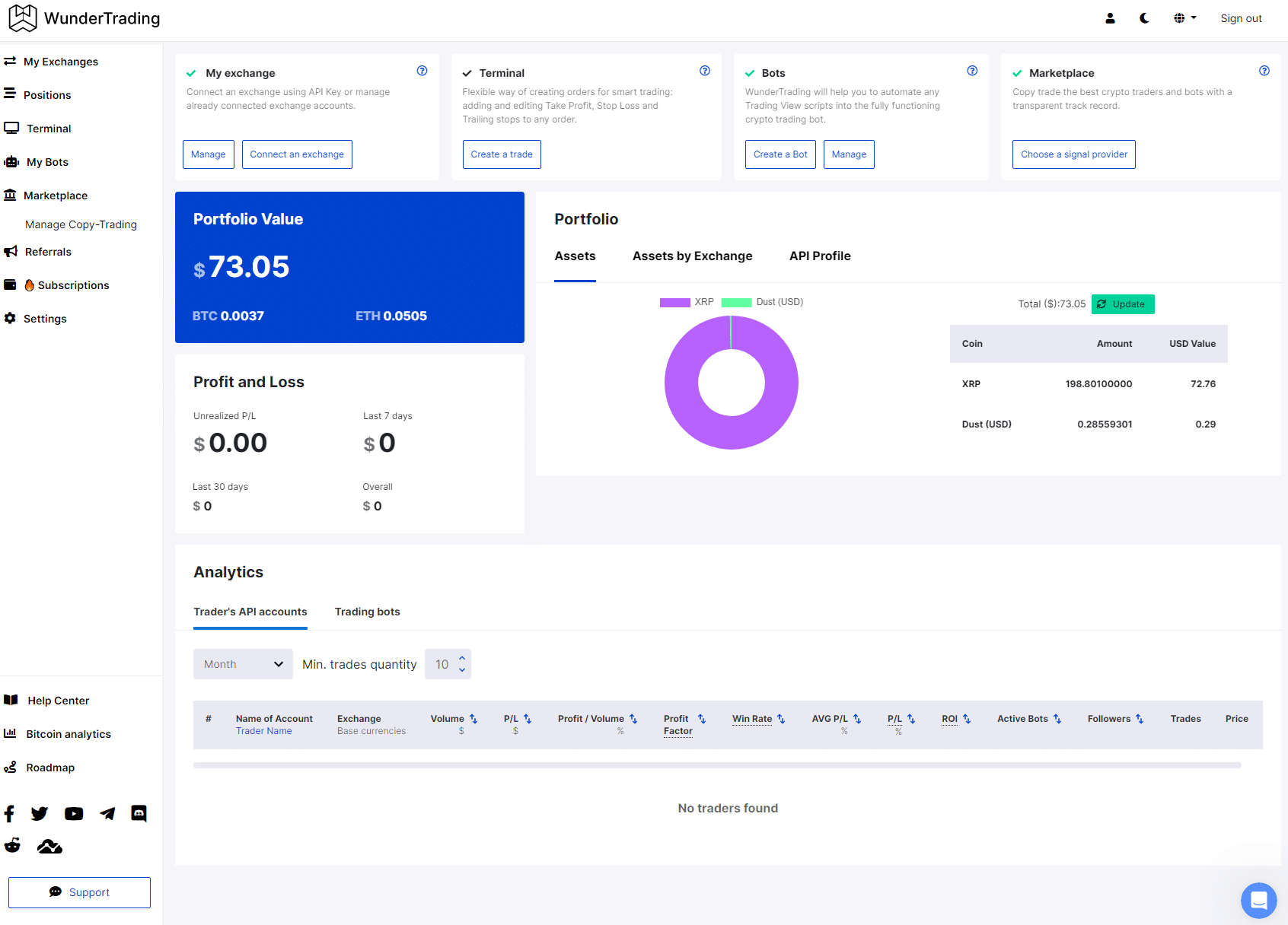 WunderTrading dashboard