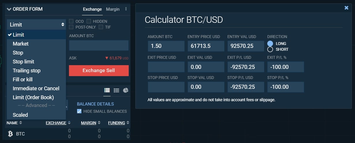 Bitfinex order types and calculator