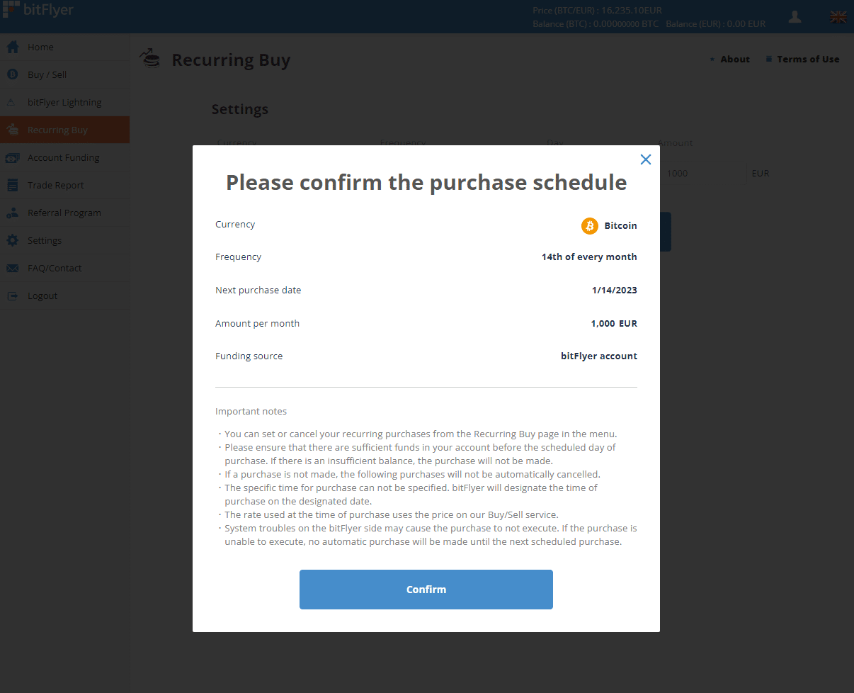 bitflyer reoccuring buy