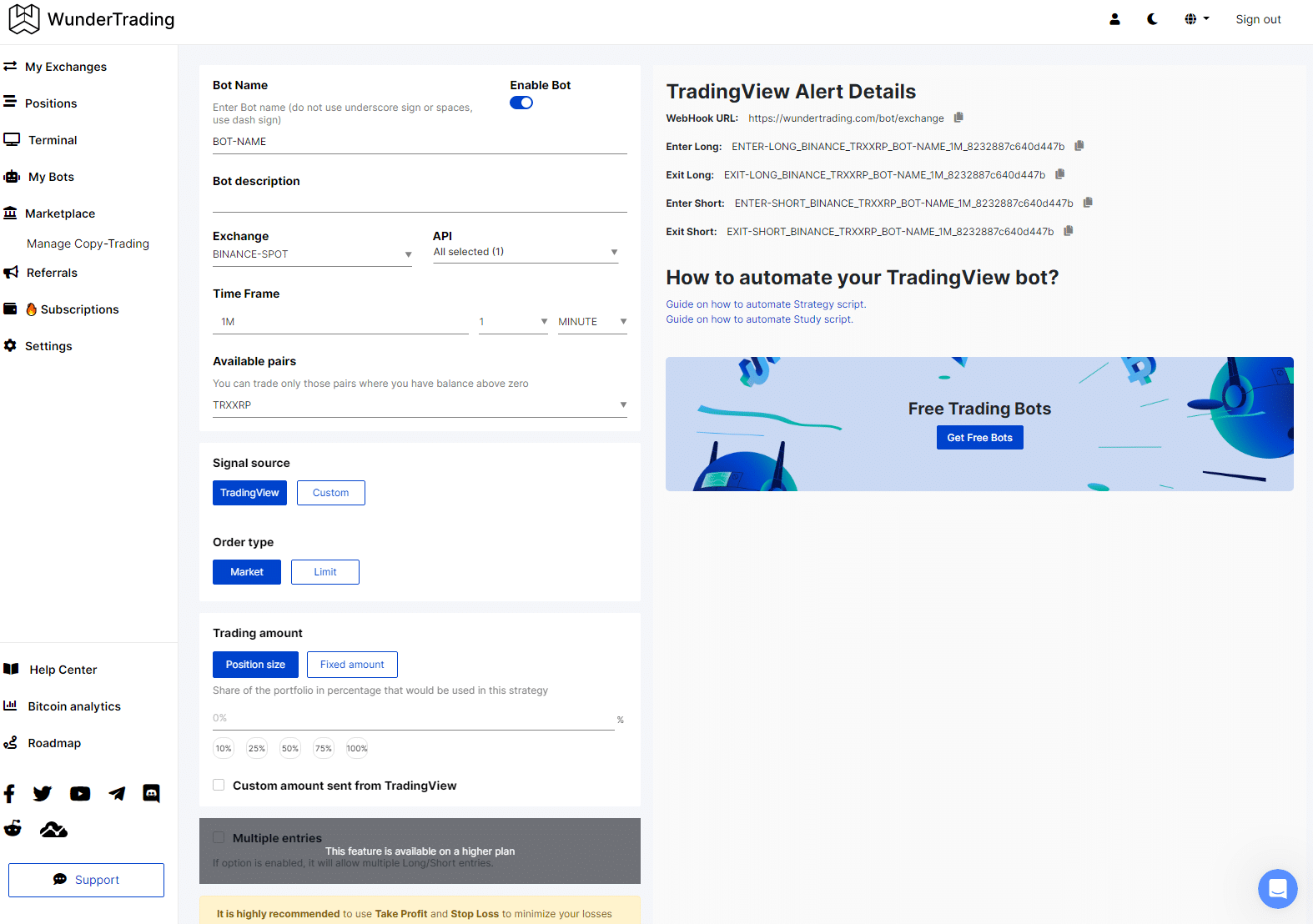 creating a bot on WunderTrading